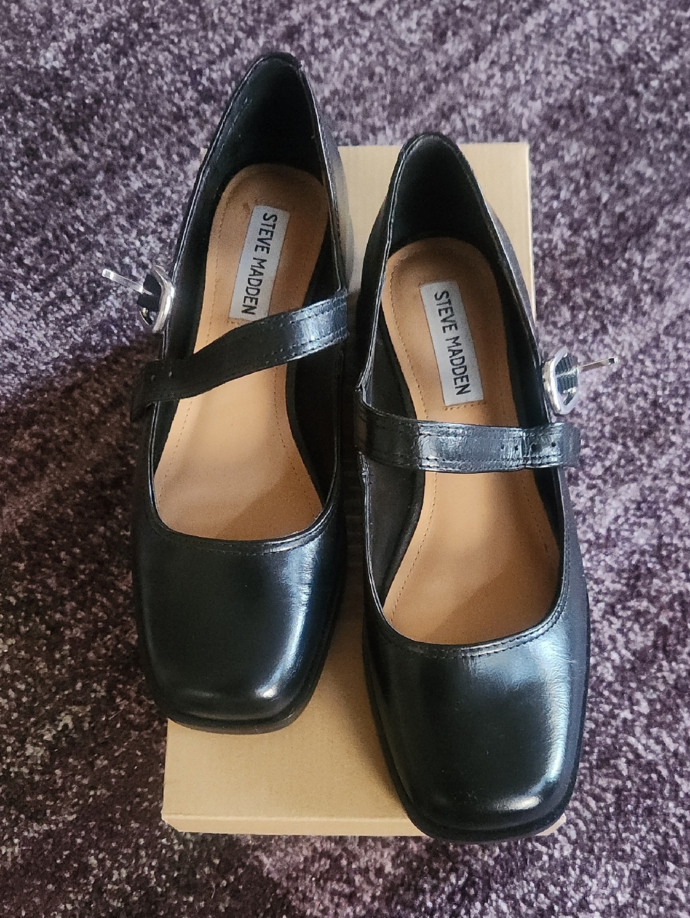 Mary Jane Black Leather Flats with Buckle